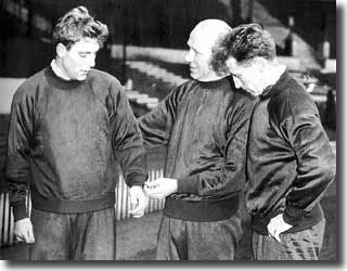 Manchester United manager Matt Busby with Duncan Edwards and Roger Byrne, two of the players who died at Munich