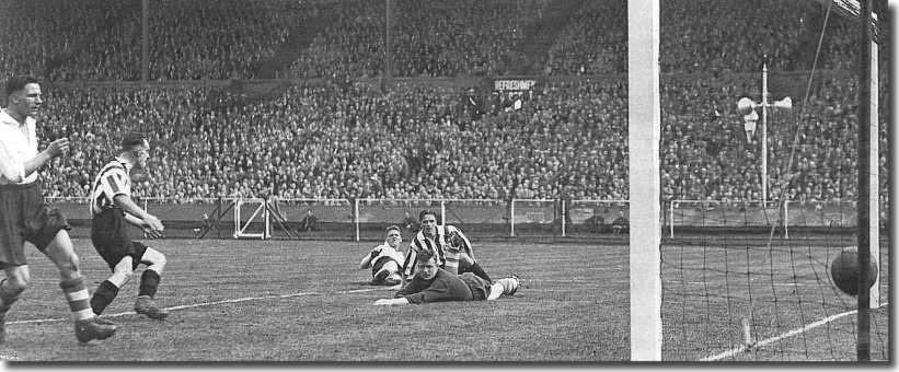 Raich Carter, immediately behind the Preston keeper, scores Sunderland's second goal in the 1937 FA Cup final