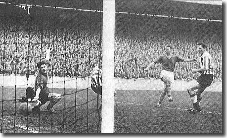 John Charles fires home one of his two goals for Leeds against Sunderland