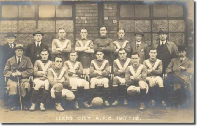 Leeds City team group in 1917/18 - Joseph Connor is seated to the right and vice chairman Johnny Whiteman is seated far left. Back: George Sykes (directorr), Dick Murrell (trainer), Bob Hewison (Newcastle United), Harry Sherwin (Sunderland), Tommy Hampson, Tommy Lamph, George Cripps (secretary), Herbert Chapman (manager) - Front: Johnny Whiteman, Unknown, Harry Millership (Kneeling), Clem Stephenson (Aston Villa), John Hampson, Arthur Price, Billy Hampson (Newcastle United) (Kneeling), Unknown, Joseph Connor