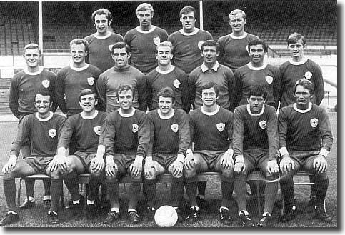 Leicester City 1968/69 - Back: Fern, Cross, Roberts, Gibson. Middle: Sjoberg, Stringfellow, Shilton, Woollett, Mackleworth, Bell, Clarke. Front: Rodrigues, Nish, Tewley, Hutchins, Potts, Manley, Glover