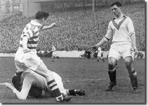 Bobby Collins pressurises the Airdrie keeper in a match in 1953-54. Celtic won 6-0 on the way to their first Scottish title for 16 years