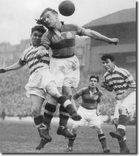 Bobby Collins is outjumped by Partick Thistle's Gibb