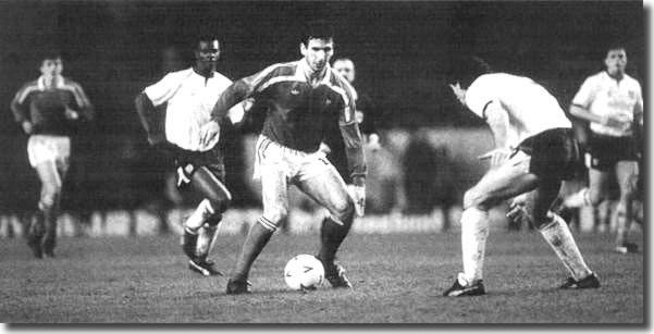 Cantona in action for France in the Under 21 match with England in 1988