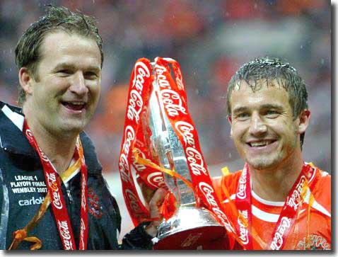 Simon Grayson as Blackpool manager celebrates with Kiegan Parker after winning the 2007 Football League One Play Off final