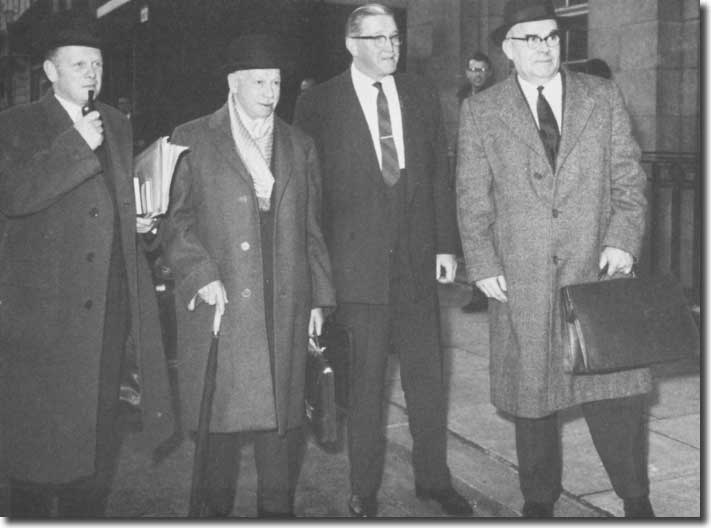 The League Management Committee representatives arrive at the Ministry of Labour for discussions on the Maximum Wage - Alan Hardaker, President Joe Richards,  Joe Mears and Graham Doggart