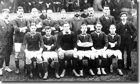 The Welsh team in which Haydn Price made his full debut on 4 March 1907 against Scotland. Price is in the middle of the back row, next to the man in the bowler hat. The legendary Billy Meredith is second from left in the back row and Dick Roose is in the middle at the front holding the ball