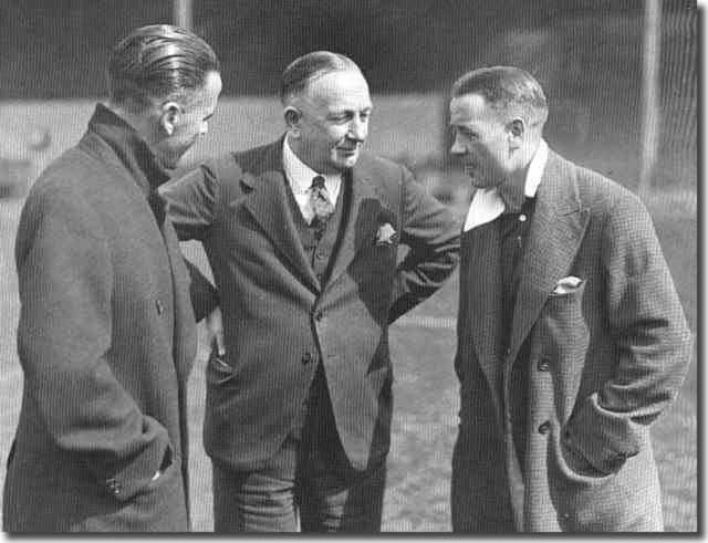 Herbert Chapman (centre) with two of his stars at Highbury - Bob John and Alex James