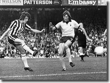 Terry Hibbitt gets in a shot for Newcastle against Coventry City, August 1974
