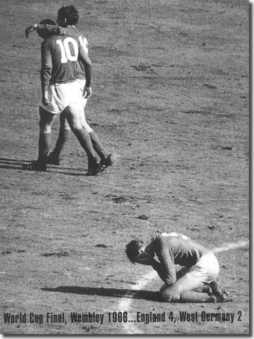 Jack Charlton sinks to his knees in relief at the end of the World Cup Final win in 1966