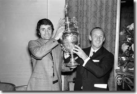 Frank McLintock and Arsenal manager Bertie Mee with the League championship trophy the Gunners won in 1971