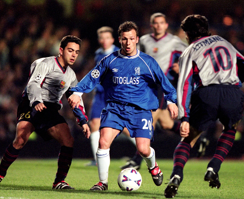 Morris in action for Chelseaa against Xavi of Barcelona in teh Champions League in 2000