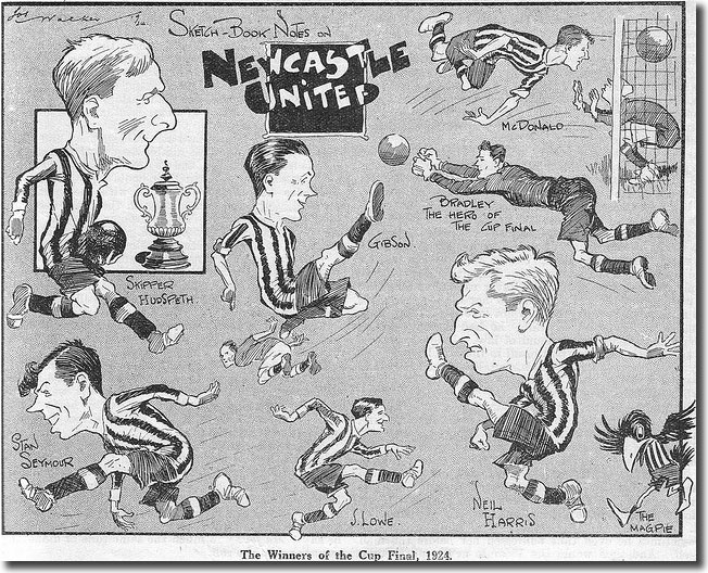 Bill Bradley, "The hero of the Cup final", is captured in this caricature of Newcastle's 1914 Cup winning side