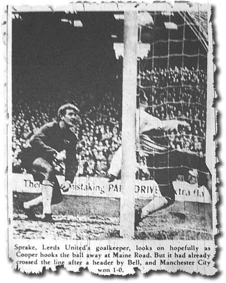 The Guardian of 30 October 1967 features Manchester City's winner against Leeds from the weekend - Gary Sprake looks on hopefully as Terry Cooper clears, but the ball has already crossed the line