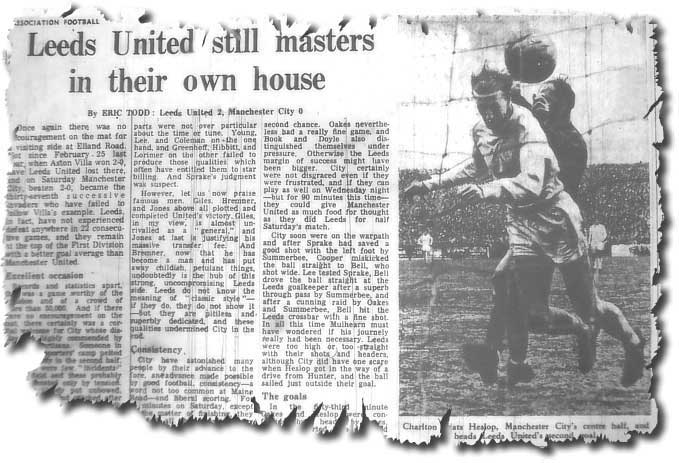 The Guardian of 25 March 1968 featuring United's win over Manchester City and a picture of Jack Charlton's goal