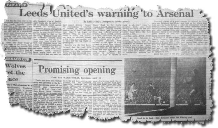 The Guardian of 15 April 1971 carries its report of the previous evening's Fairs Cup semi final, together with a photo of Bremner's goal