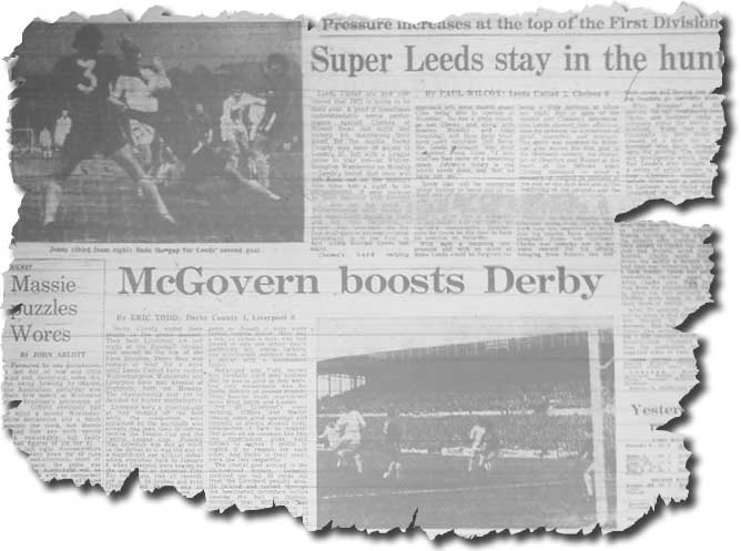 The Guardian of 2 May covers the previous night's vital games - Leeds beat Chelsea and Derby defeated Liverpool