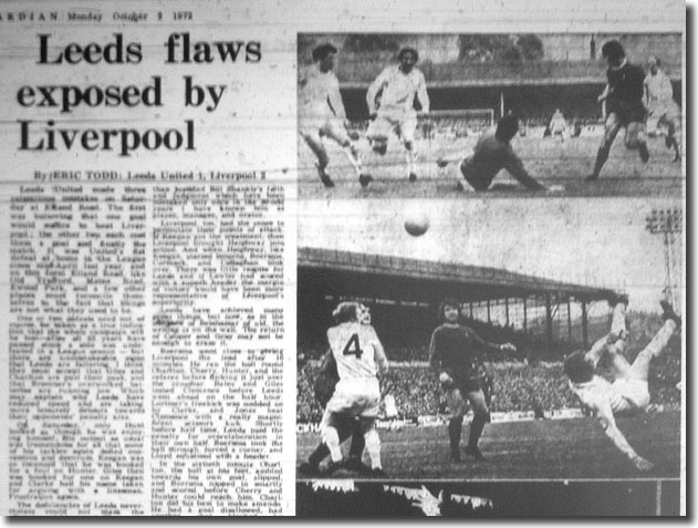 The Guardian of 2 October 1972 reports on United's weekend defeat against Liverpool and features Mick Jones' goal
