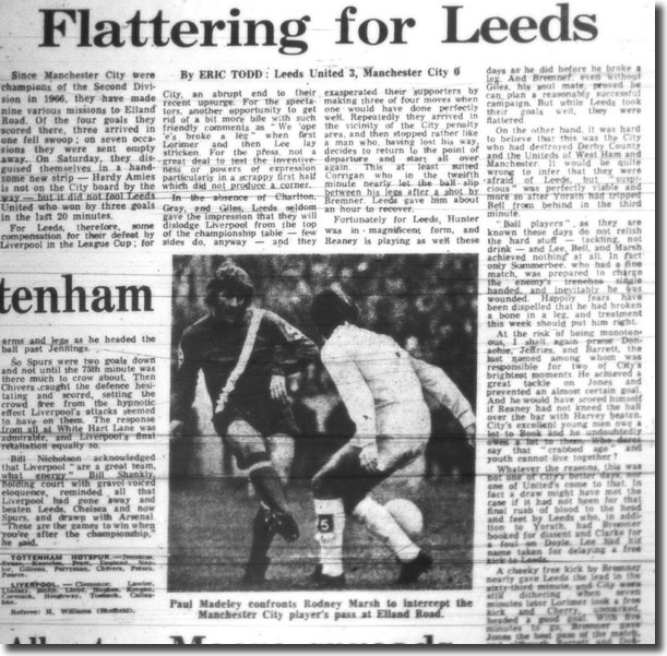 The Guardian of 27 November reports United's 3-0 defeat of Manchester City at Elland Road a couple of days earlier - the photo is of Paul Madeley facing up to City's Rodney Marsh