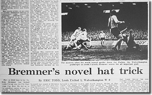 The Guardian of 9 April 1973 tells the tale of the weekend's FA Cup semi-final clash between Leeds and Wolves - the picture shows Bremner beating Parkes for the goal