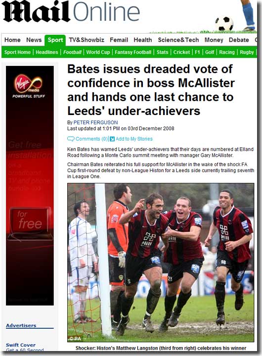 Mail Online features United's shock defeat at Histon and reports on Ken Bates' vote of confidence in Gary McAllister