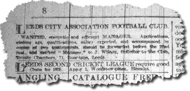 Yorkshire Mercury 13 February 1905 - Leeds City advertise for their first manager