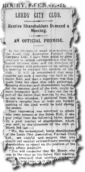 The Leeds Mercury of 6 April 1910 carries Flaneur's report of shareholder unrest