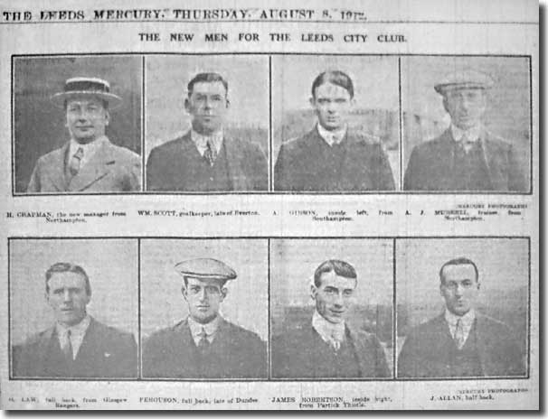 Jock Ferguson is second left in the bottom row of this set of pictures of the new men in the Leeds Mercury of 8 August 1912 - manager Herbert Chapman, Billy Scott, Andy Gibson, trainer Dick Murrell, George Law, Jock Ferguson, Jimmy Robertson and Jack Allan