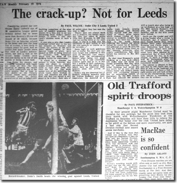 The Guardian of 25 February 1974 carries the news of United's defeat at Stoke at the weekend