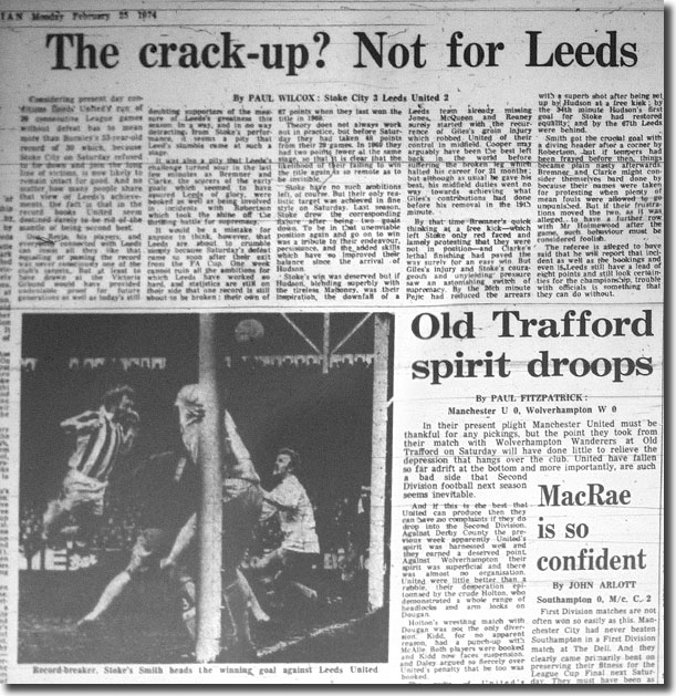 The Guardian of 25 February 1974 carries the news of United's defeat at Stoke at the weekend