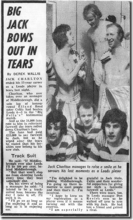 The Mirror of 8 May 1973 features Jack Charlton's testimonial from the previous evening