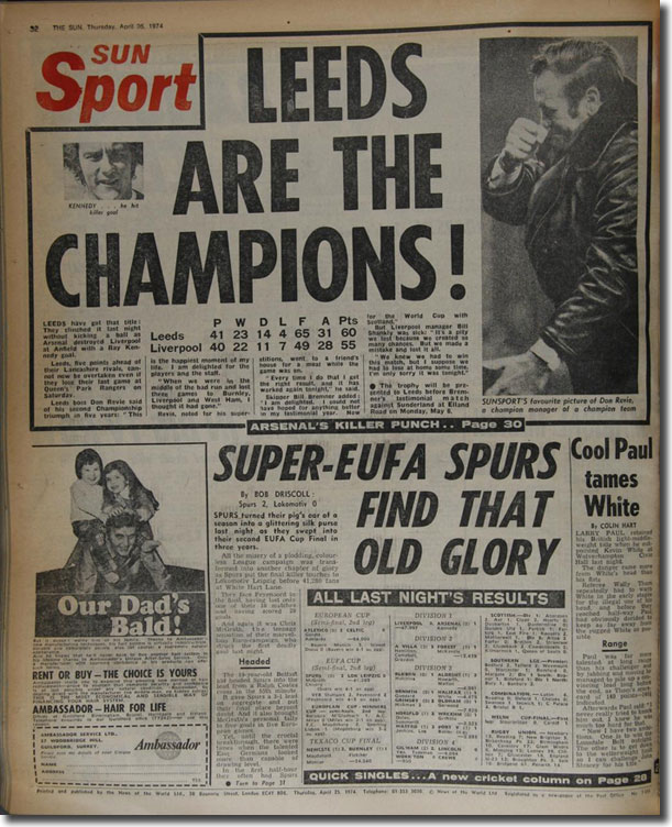 The Sun of 25 April 1974 carries the news of Liverpool's defeat to Arsenal and United confirming the championship