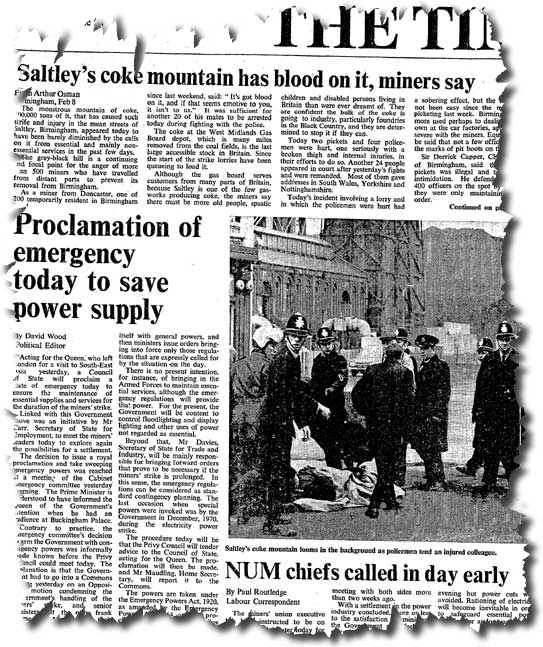 The front page of the Times on 9 February reports the proclamation of emergency