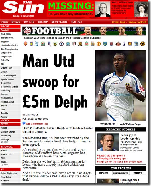 The Sun of 8 November 2008 features rumours of Manchester United's move for Fabian Delph - it came to nothing