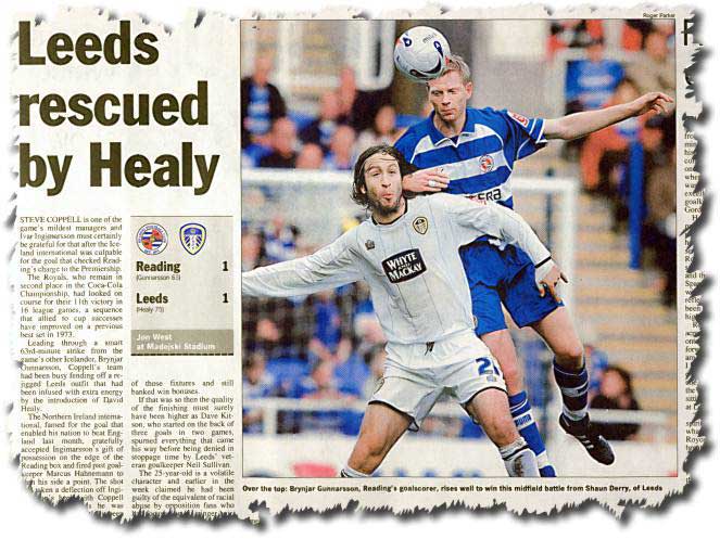 The Sunday Times of 30 October 2005 features the previous day's draw at Reading - Reading goalscorer Brynjar Gunnarsson rises above Shaun Derry