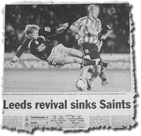 Sunday Times of 20 November 2005 featuring Leeds' stunning fightback at Southampton - Dan Harding launches a crushing tackle on Brett Ormerod