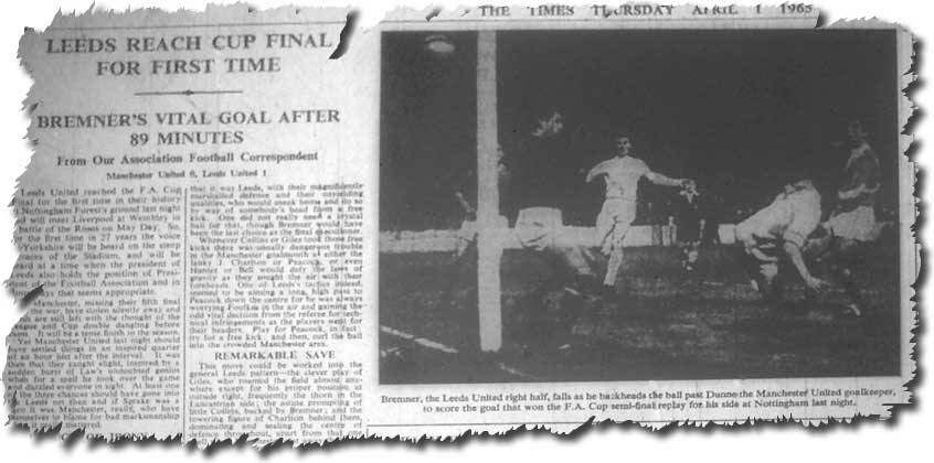 The Times 1 April 1965 featuring the victorious semi final replay against Manchester United and Billy Bremner's decisive goal