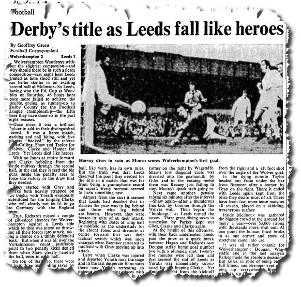 The Times of 9 May 1972 carries the news of the previous night's emotion-packed title-decider