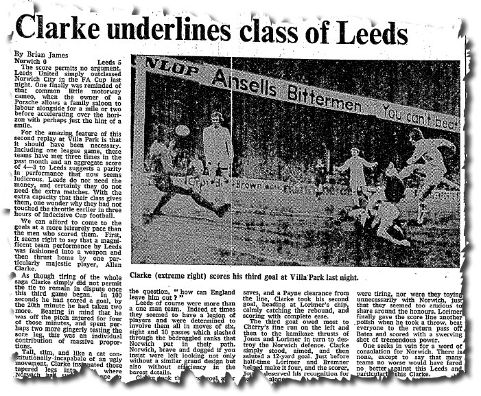 The Times of 30 January 1973 features an astonishing Cup performance by Leeds the previous evening at Villa Park