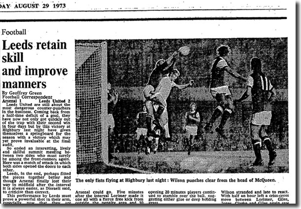 The Times of 29 August 1973 reports on United's victory the night before at Arsenal