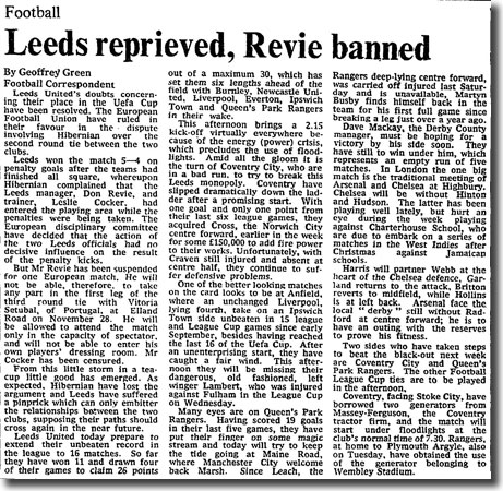 The Times of 17 November 1973 reports on UEFA's punishment of Don Revie for entering the pitch during the penalty shoot out against Hibernian