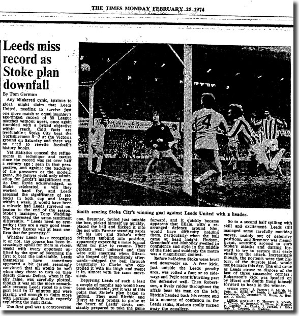 The Times of 25 February 1974 carries the news of United's defeat at Stoke at the weekend