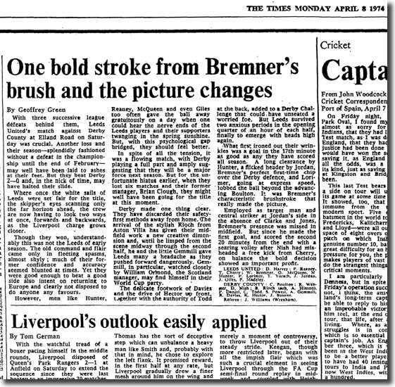 The Times of 8 April reports on United's defeat of Derby from two days earlier
