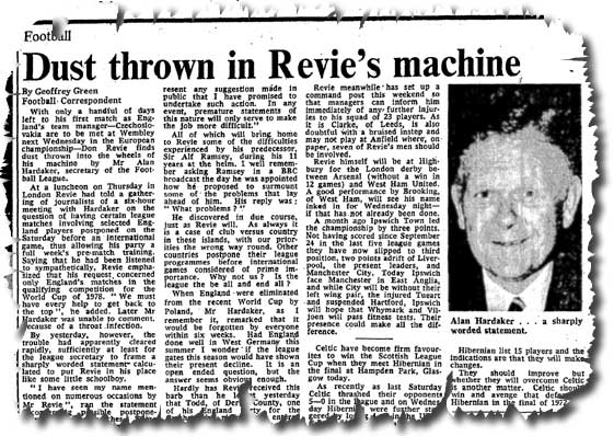 The Times of 26 October 1974 carries the news of Don Revie's spat with Football League secretary Alan Hardaker over releasing players for England duty