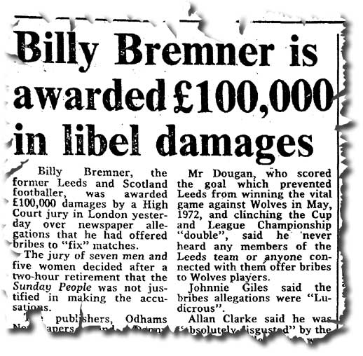 The Times of 4 February 1982 reports on Billy Bremner's successful case for damages against the Sunday People over match fixing allegations