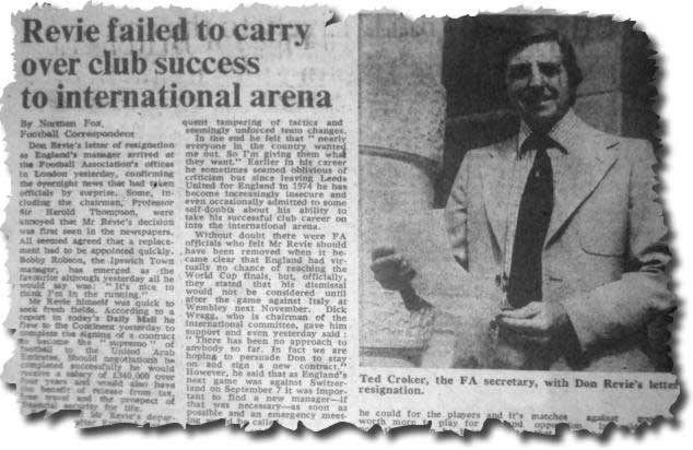 The Times of 13 July 1977 covers the story of Revie's leaving the England job, with FA secretary Ted Croker holding the resignation letter