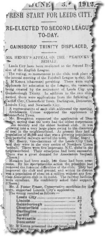 The Yorkshire Evening Post of 3 June 1912 carries the news of Leeds City's re-election