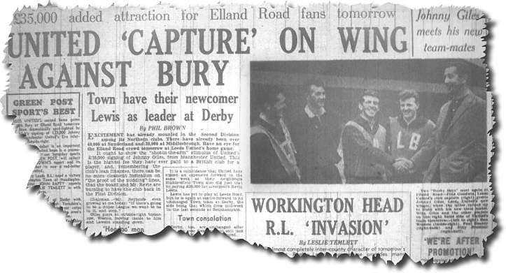 Yorkshire Evening Post 30 August 1963 featuring the arrival of Johnny Giles at Elland Road - Weston, Reaney, Bremner and Goodwin greet the Irishman