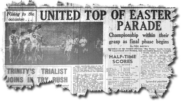 Yorkshire Evening Post 31 March 1964 - Leeds 2 Newcastle 1 - Billy Bremner leaps on top of his colleagues as they mob Albert Johanneson after he has beaten three Newcastle players to score the winning goal