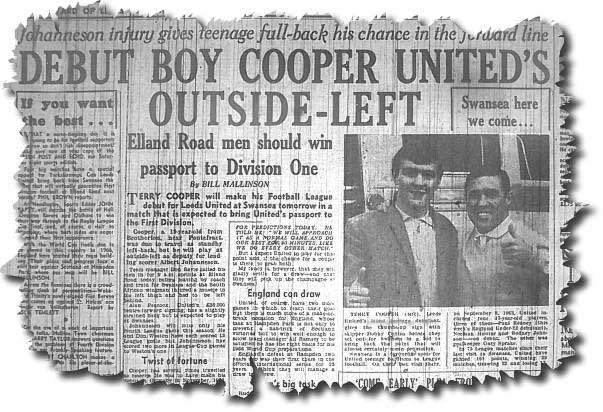 Yorkshire Evening Post from 10 April 1964 carrying the story that Terry Cooper is to make his debut at Swansea - Cooper is pictured with Bobby Collins